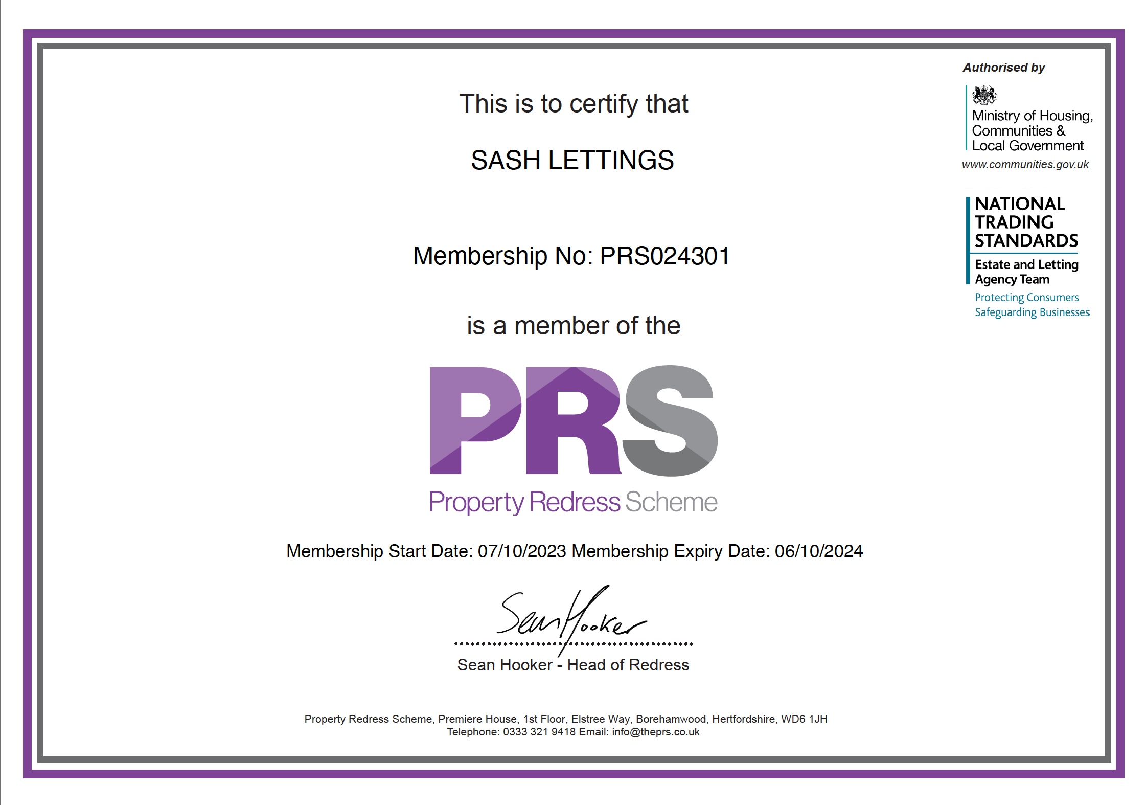 Property Redress Scheme Certificate